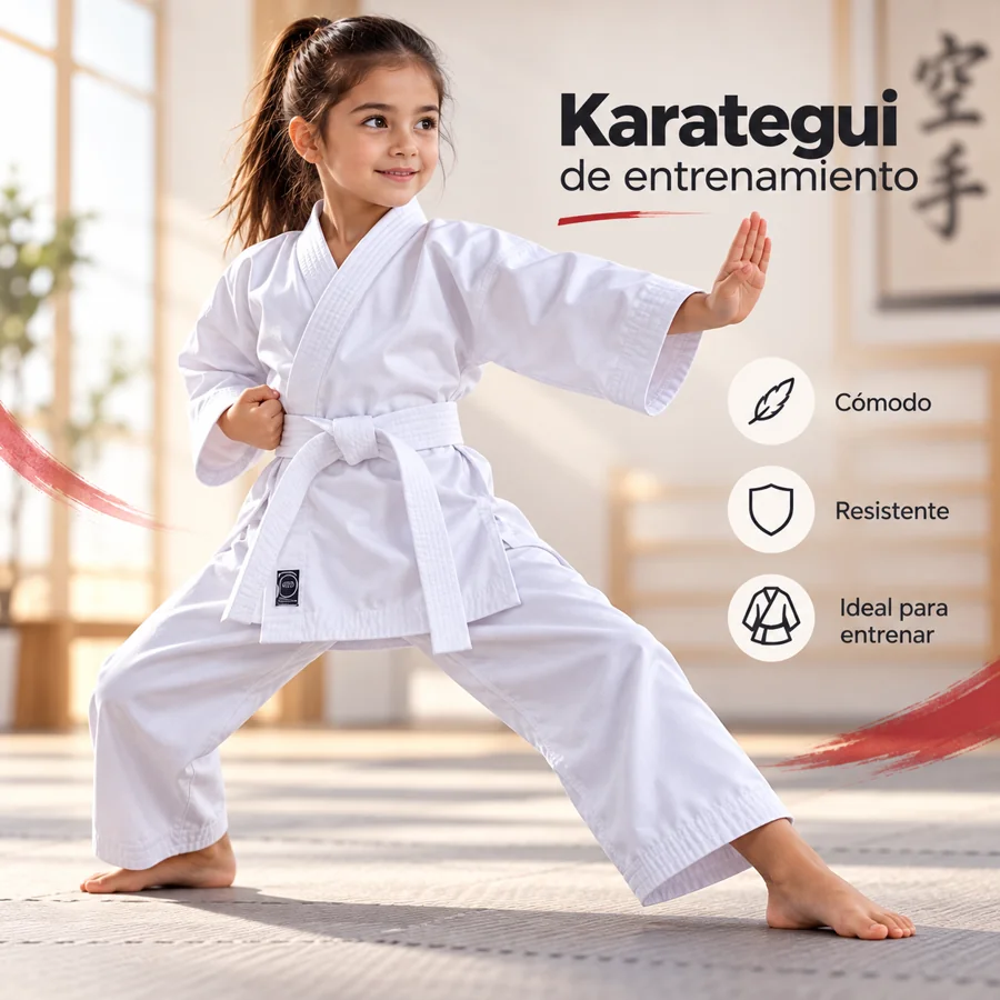 Karategui de entrenamiento: niña con uniforme blanco