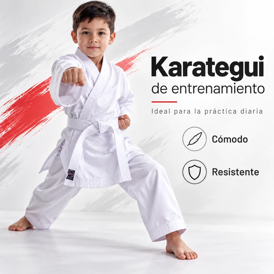 Karategui de entrenamiento: niño con uniforme blanco