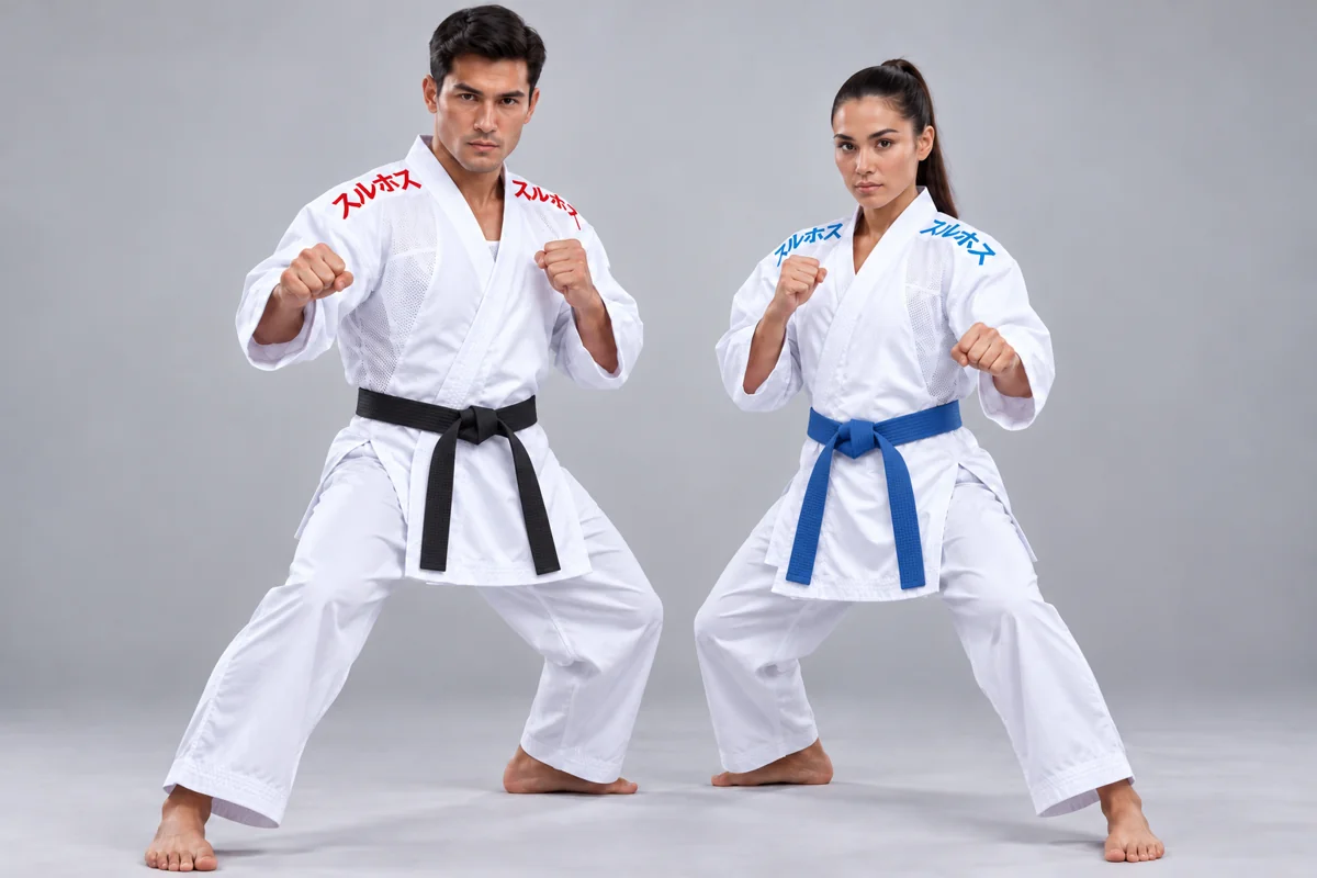 Karategui Premium de Kumite de doble chaqueta, con bordados rojo y azul